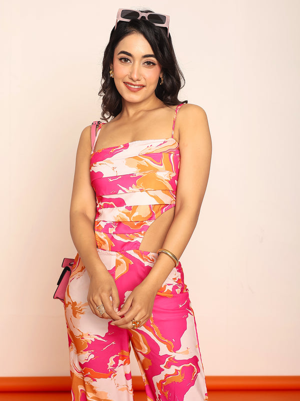Printed jumpsuit with side waist cutouts