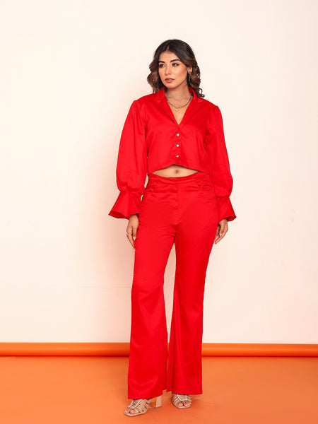 Hot red blazer shirt and bootcut pant set