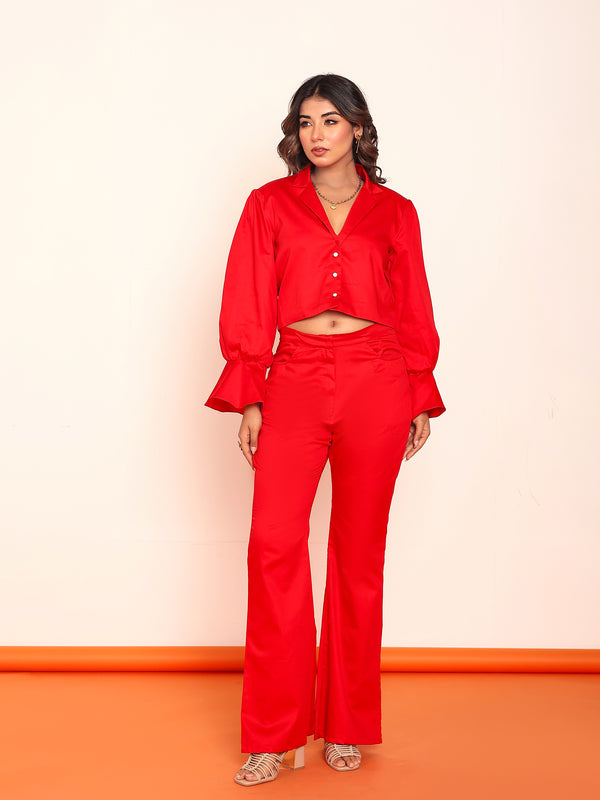 Hot red blazer shirt and bootcut pant set
