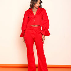 Hot red blazer shirt and bootcut pant set
