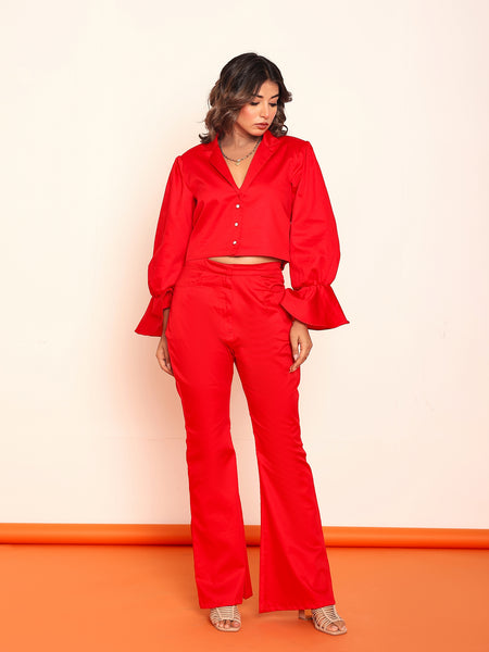 Hot red blazer shirt and bootcut pant set