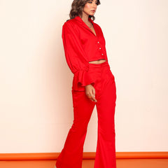 Hot red blazer shirt and bootcut pant set