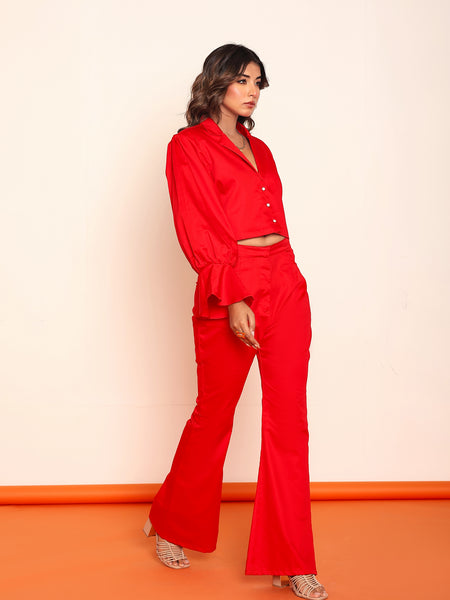Hot red blazer shirt and bootcut pant set