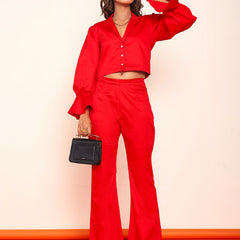 Hot red blazer shirt and bootcut pant set