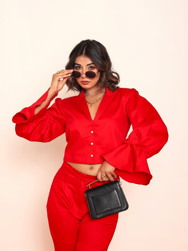 Red crop blazer shirt