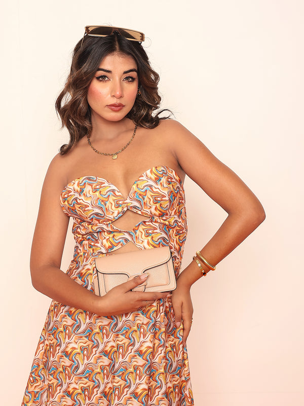 Printed midi off- shoulder dress with waist cutout