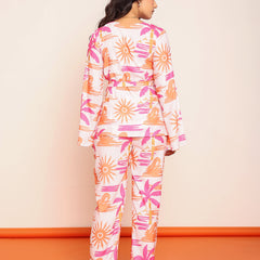 Printed wrap around top & straight pant set