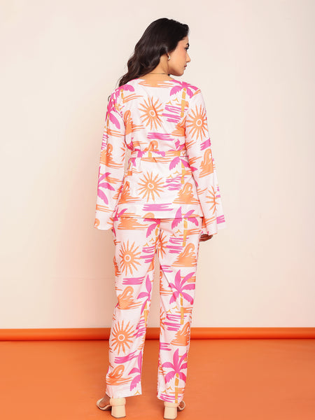 Printed wrap around top & straight pant set