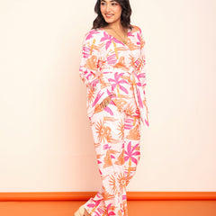 Printed wrap around top & straight pant set