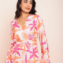 Printed wrap around top & straight pant set