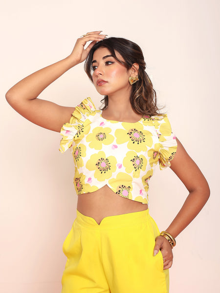 Printed bright yellow ruffled top