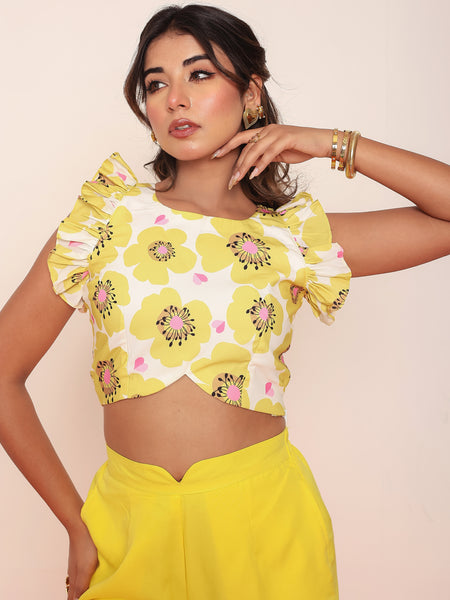 Printed bright yellow ruffled top