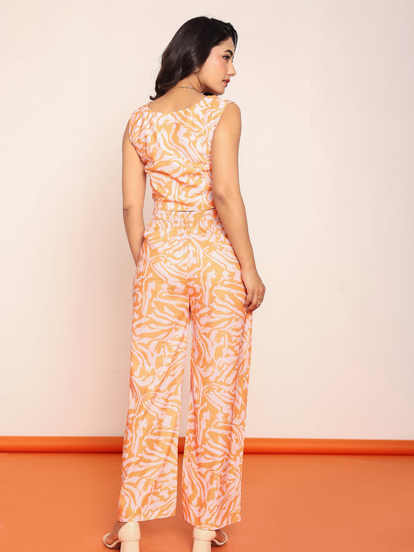 Printed cowl top & straight pant set