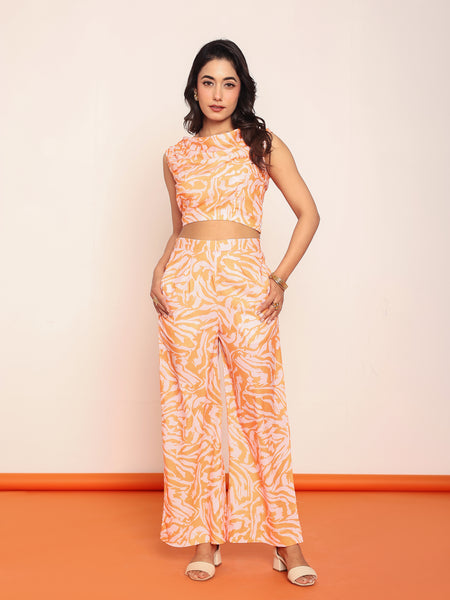 Printed cowl top & straight pant set