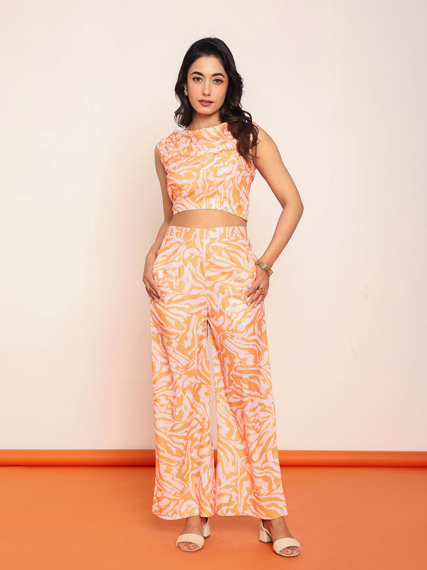 Printed cowl top & straight pant set