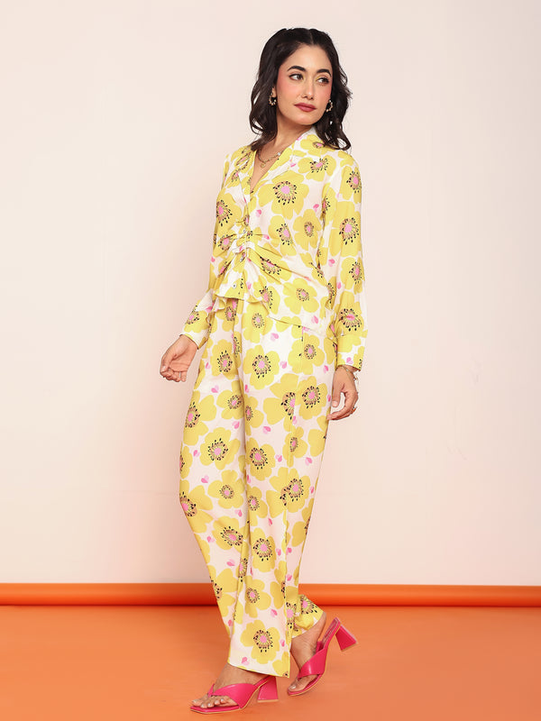 Printed pleated shirt & straight pant set