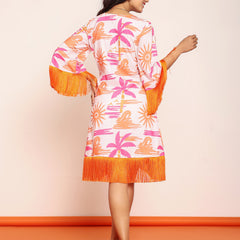 Printed knee length wrap- around dress with lace