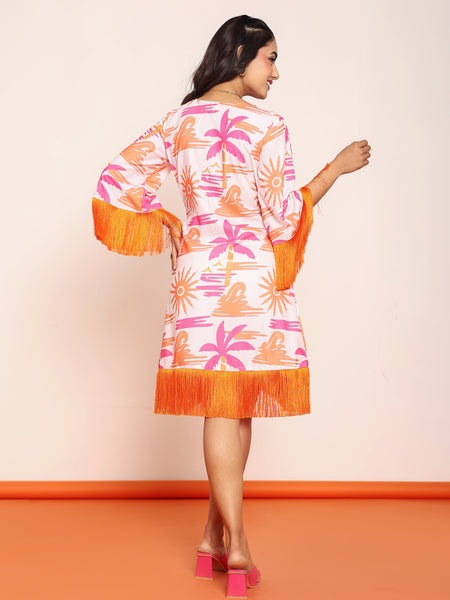 Printed knee length wrap- around dress with lace