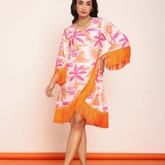 Printed knee length wrap- around dress with lace