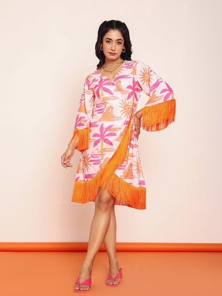 Printed knee length wrap- around dress with lace