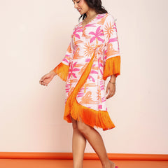Printed knee length wrap- around dress with lace