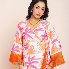 Printed knee length wrap- around dress with lace