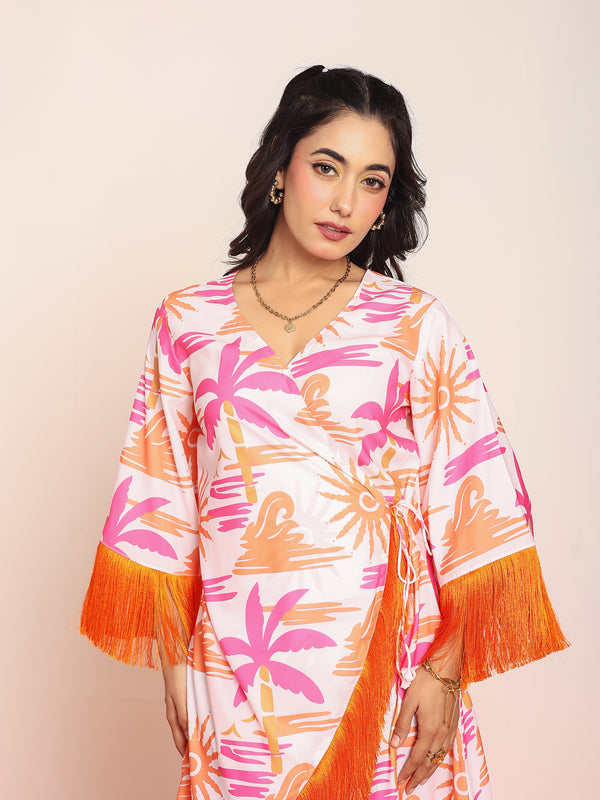 Printed knee length wrap- around dress with lace