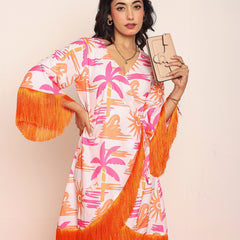 Printed knee length wrap- around dress with lace