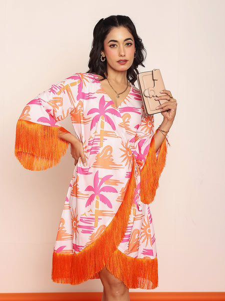 Printed knee length wrap- around dress with lace