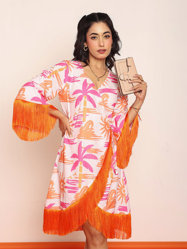 Printed knee length wrap- around dress with lace
