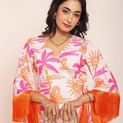 Printed knee length wrap- around dress with lace