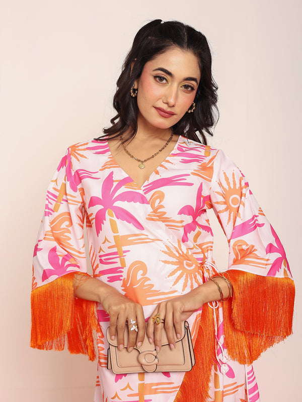 Printed knee length wrap- around dress with lace