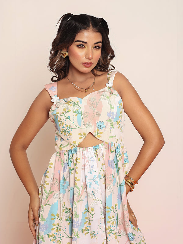 Printed mini waist cut-out dress