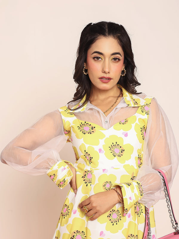 Mini printed dress with organza shirt