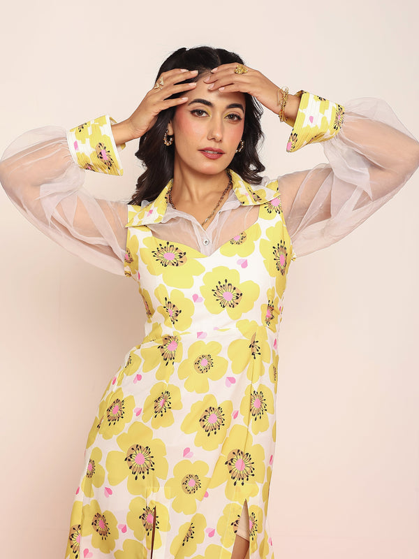Mini printed dress with organza shirt