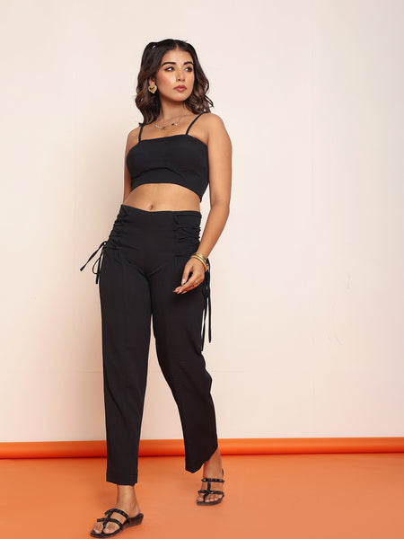 Black corset top with draw-string straight pant