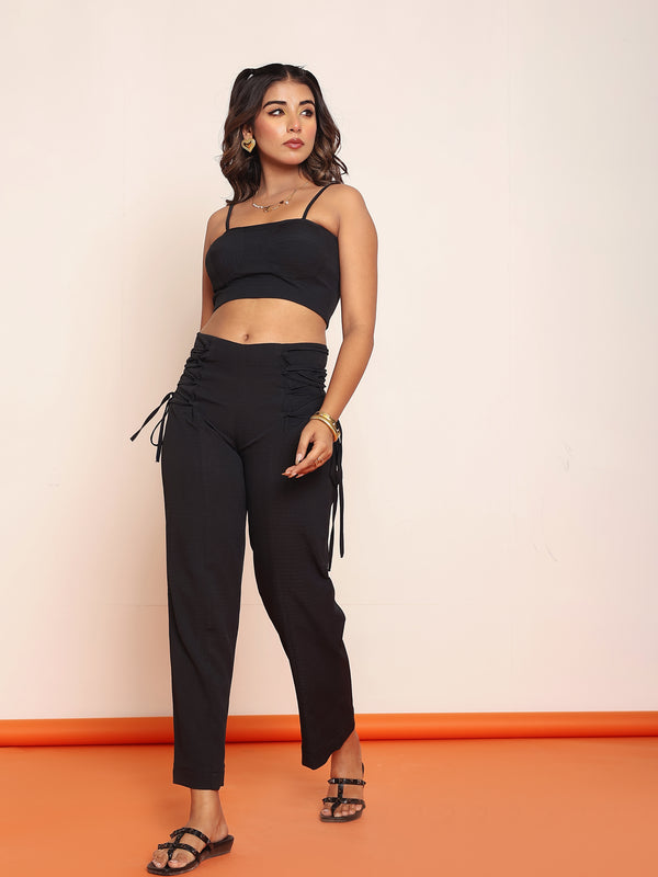 Black corset top with draw-string straight pant