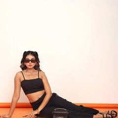 Black corset top with draw-string straight pant