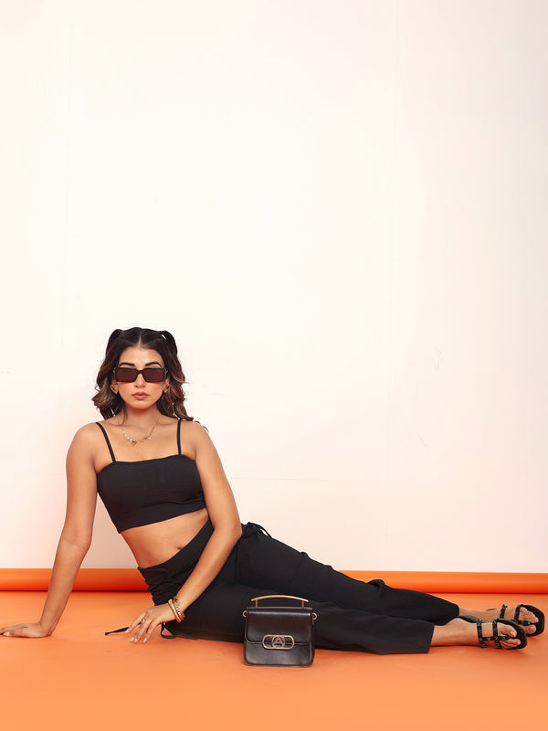 Black corset top with draw-string straight pant