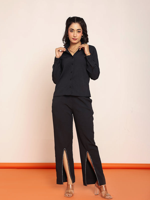 Black rhinestone slited straight pant