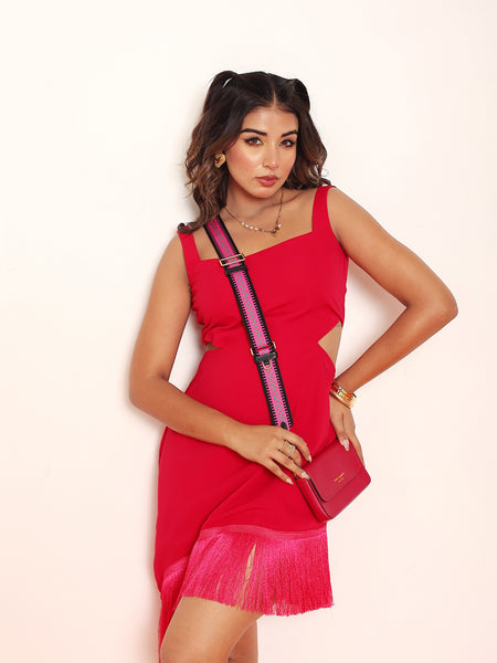 Hot pink side cut -outs fringes dress