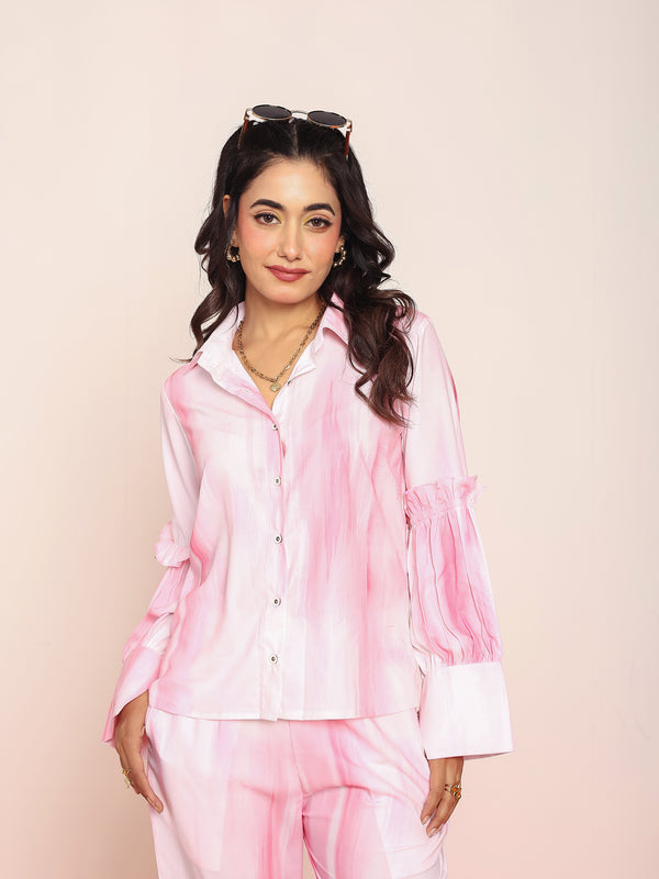Printed pink ruffled shirt