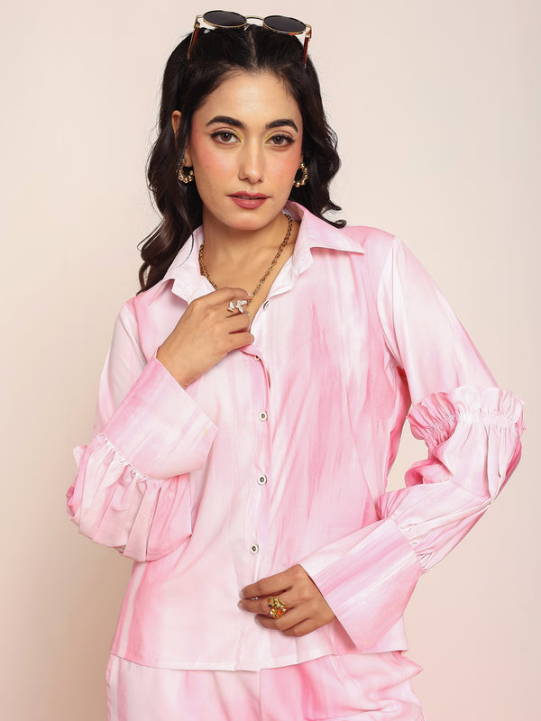 Printed pink ruffled shirt
