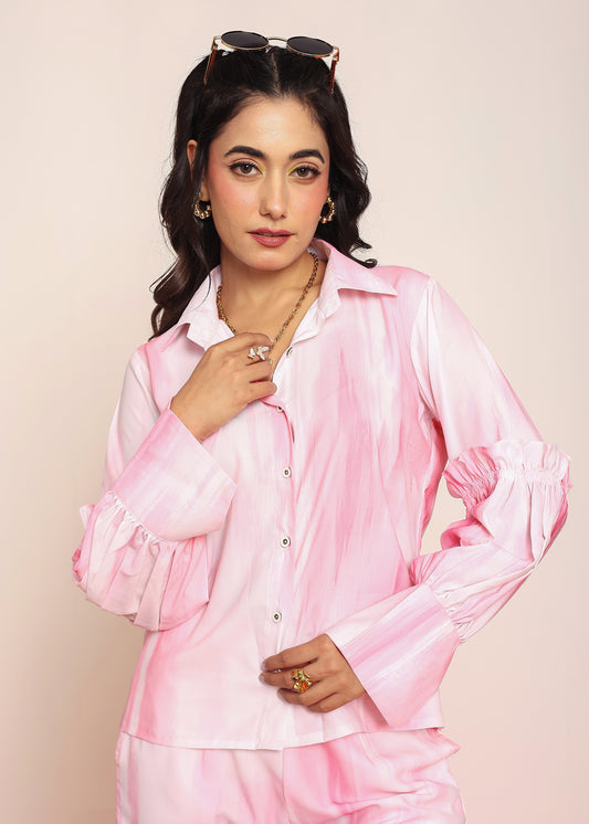 Printed pink ruffled shirt