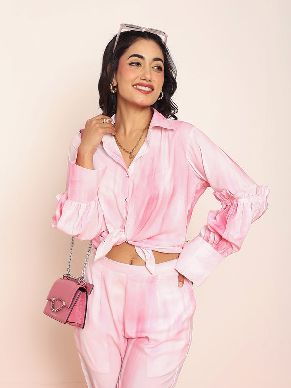 Printed pink ruffled shirt
