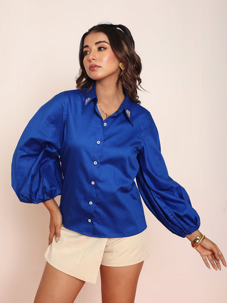 Honey bee embroidered shirt with balloon sleeves