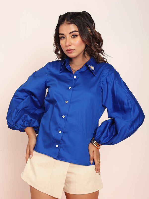 Honey bee embroidered shirt with balloon sleeves