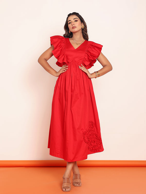Midi dress with ruffled sleeeve