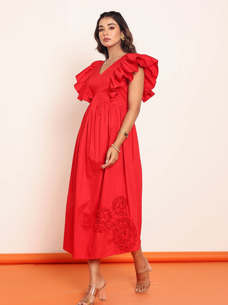 Midi dress with ruffled sleeeve