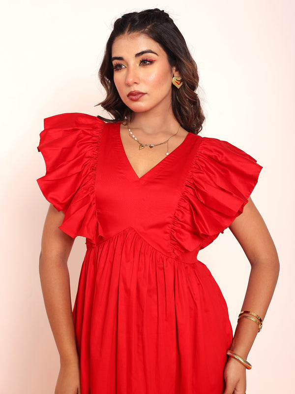 Midi dress with ruffled sleeeve